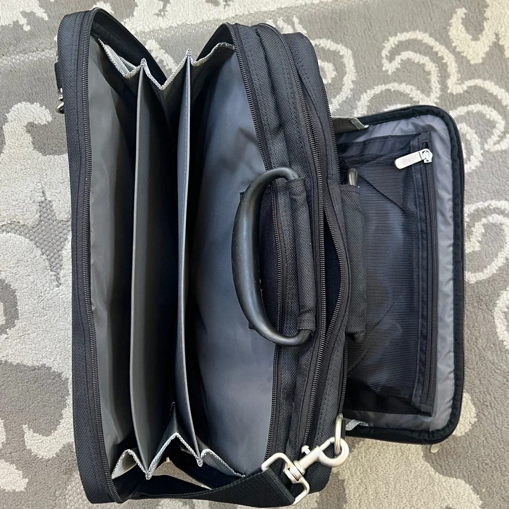 Black Men's Laptop Briefcase Shoulder Bag, tons of compartments, umbrella holder